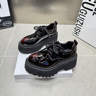 2016 英伦风厚底漆皮松糕鞋 女黑色交叉绑带增高小个子百搭单鞋