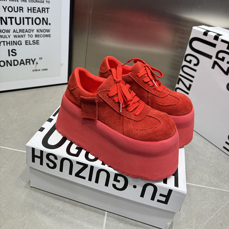 韩版真皮红色厚底松糕鞋女2026新款百搭系带增高休闲鞋单鞋188-90,女鞋,松糕（摇摇）鞋,淘宝优惠券,粉丝福利购,淘宝优惠卷