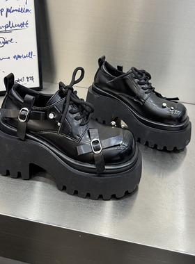 韩版厚底松糕鞋女黑色交叉绑带小个子增高休闲鞋真皮单鞋女9558-2