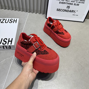 188 女交叉绑带增高小个子休闲鞋 厚底松糕鞋 26红色豹纹真皮单鞋