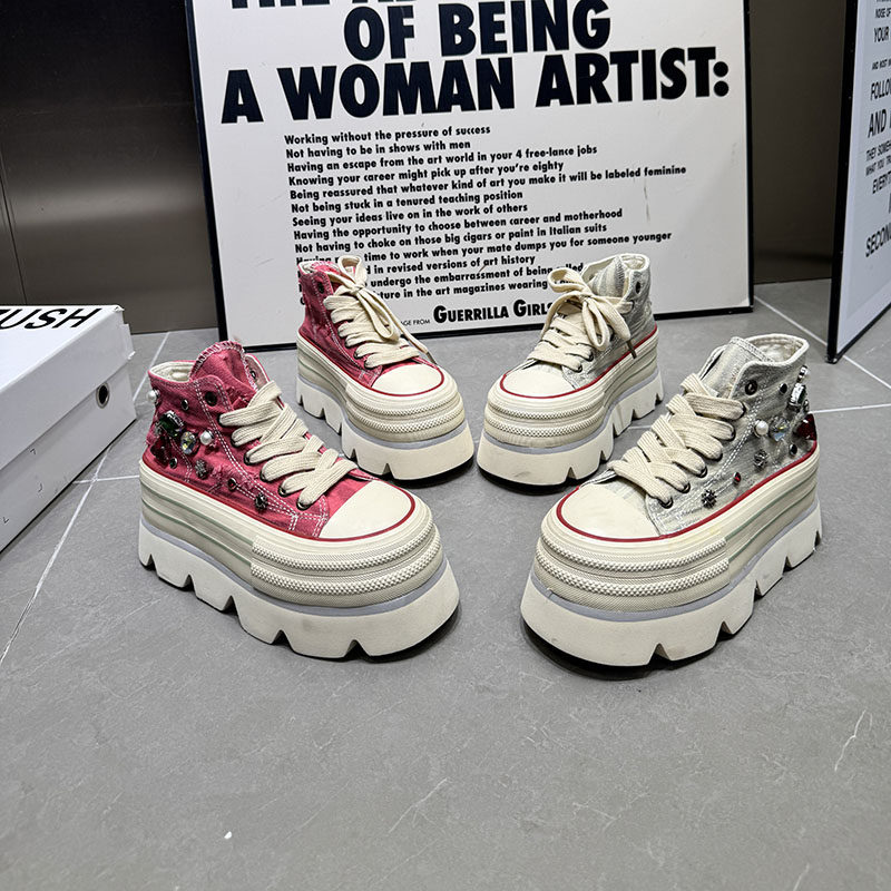 26高帮厚底松糕鞋女水钻交叉绑带小个子增高休闲鞋单鞋布鞋3179-7