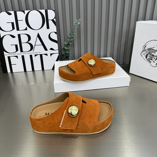 女6226 一脚蹬搭扣透气拖鞋 26磨砂皮包头拖女松糕底厚底勃肯鞋