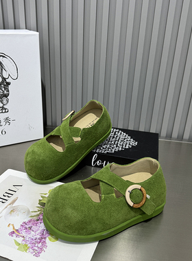 韩式绿色厚底玛丽珍鞋女搭扣松糕底真皮瓢鞋单鞋复古奶奶鞋26-16