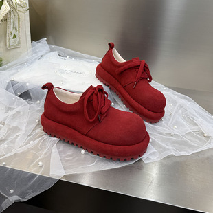 女997 休闲百搭单鞋 女厚底圆头交叉绑带面包鞋 26红色系带松糕鞋