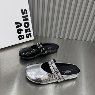 女松糕底懒人一脚蹬百搭外穿穆勒鞋 Ａ68 铆钉真皮拖包头拖鞋 26新款