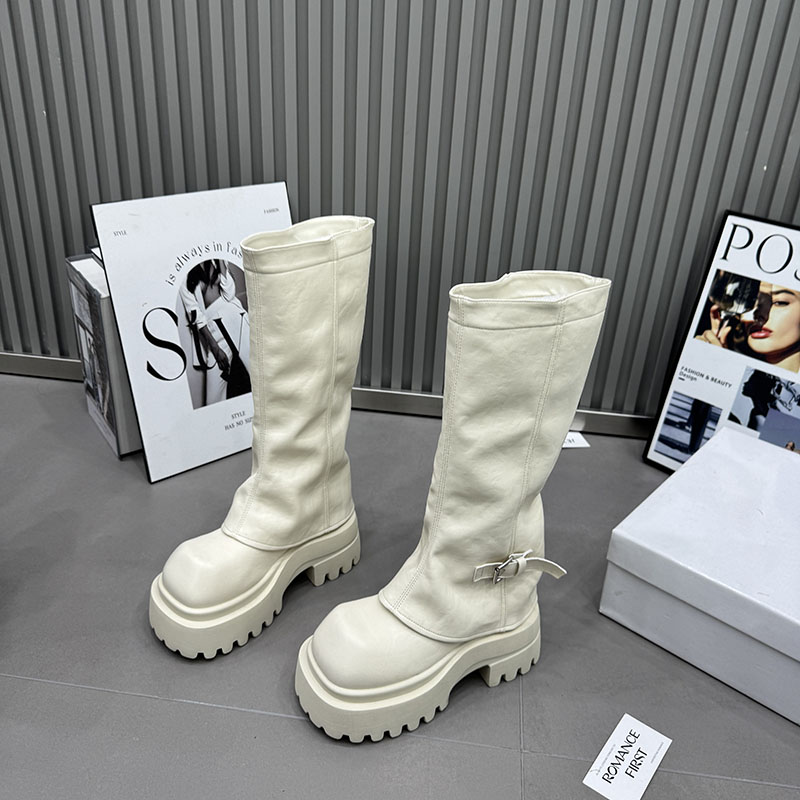白色厚底机车靴女冬季长筒靴马丁