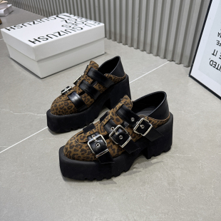 007 26豹纹皮带扣厚底松糕鞋 女增高真皮玛丽珍复古风小个子单鞋