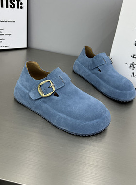 真皮勃肯鞋女2026新款蓝色魔术贴大头鞋休闲懒人鞋单鞋女鞋6226-2