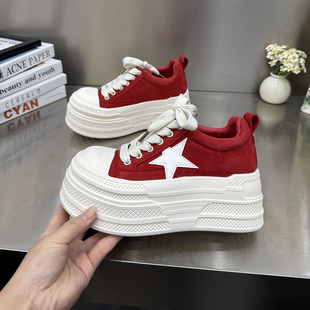 609 单鞋 女系带拼色增高百搭休闲面包鞋 26反毛皮红色厚底松糕鞋