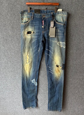 Dsquared2 S71LB0211 意产黄泥脏污漆点缝合破洞弹力修身弹牛仔裤