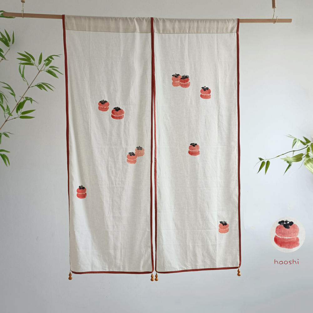 手绘双面柿子微透亚麻门帘红边装饰客厅入户风水门帘书房厨房挂帘