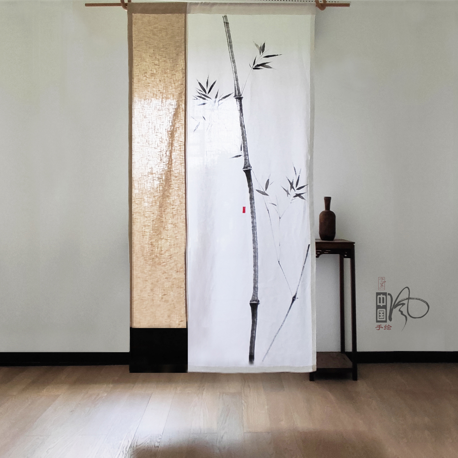 新中式装饰拼色棉麻特色门帘文人墨客手绘竹子手工麻隔断挂帘定做