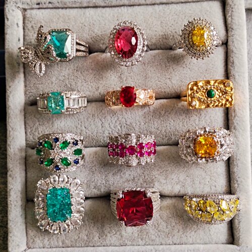 美码7号固定圈口人造水晶法式时尚感彩宝宫廷风意大利女中古戒指