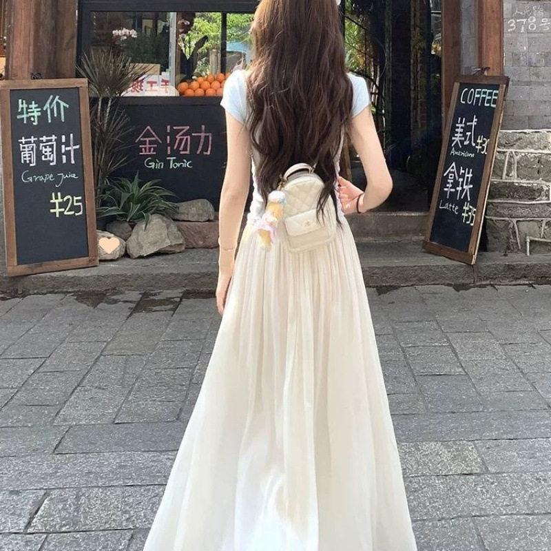 杏色仙流光纱高腰仙女裙女夏季松紧高腰宽松百搭显瘦长款裙子