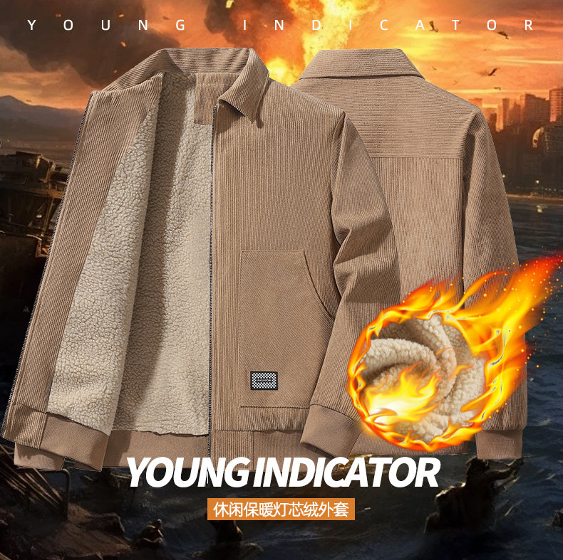 灯芯绒翻领夹克男中年日常加绒加厚保暖外套时尚帅气冬季男士秋冬