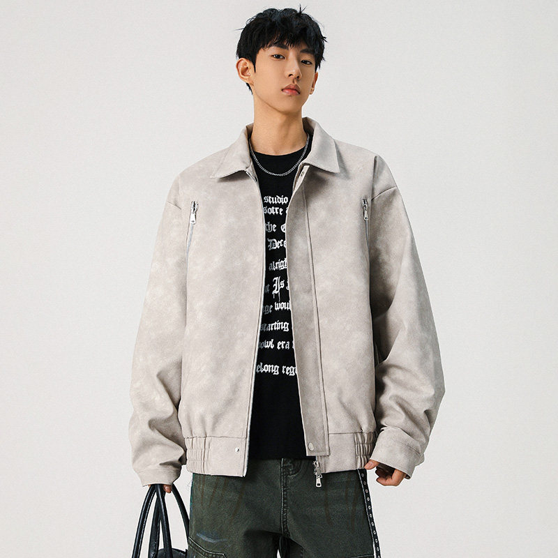 美式复古翻领机车皮夹克男宽松