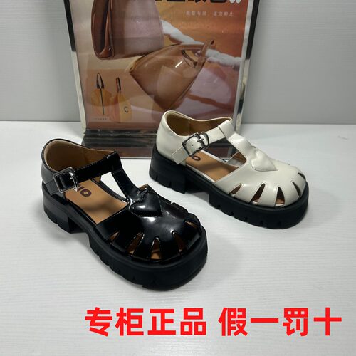 撤柜正品MIO/米奥夏粗高跟真皮女鞋英伦风包头镂空圆头罗马凉鞋女