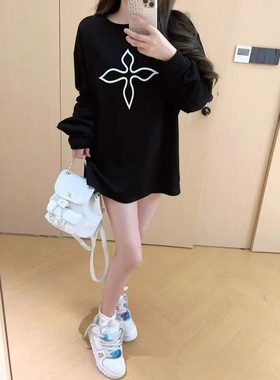 秋季上新SMFK黑玉兰长袖上衣印花套头卫衣女百搭长款打底衫女圆领