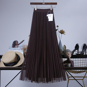 A字高腰三层纱垂坠网纱百褶半身裙长裙纱裙仙女裙中长款 秋季 新款