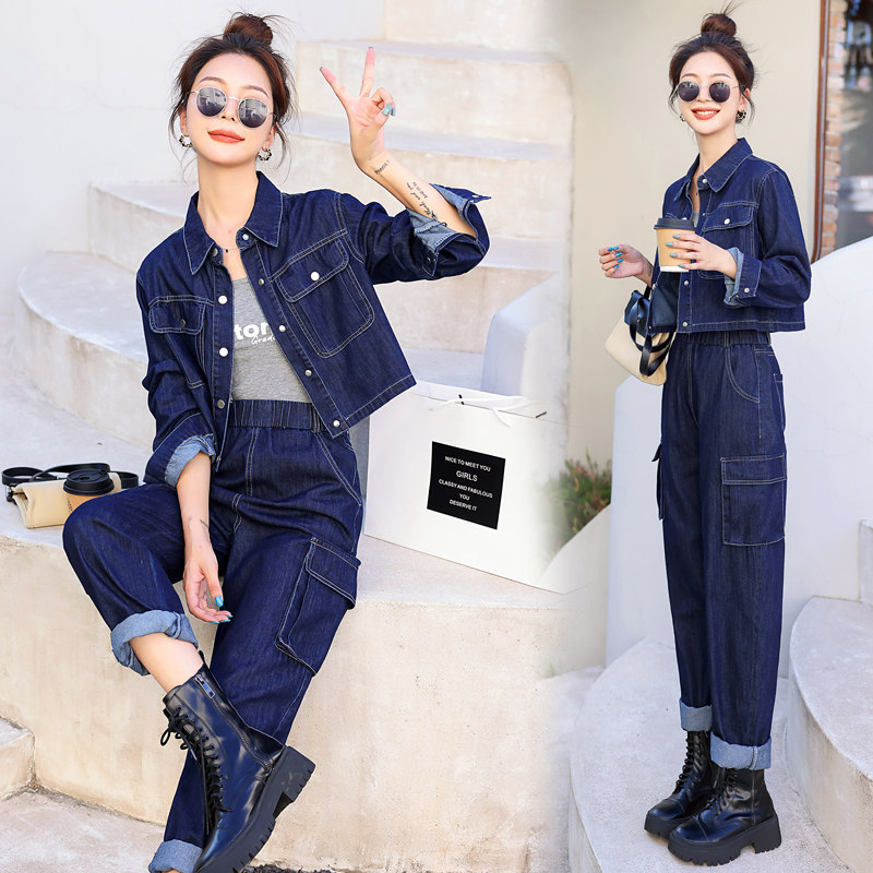 欧版春秋新款潮流休闲翻领明线口袋牛仔短外套搭配工装牛仔裤套装