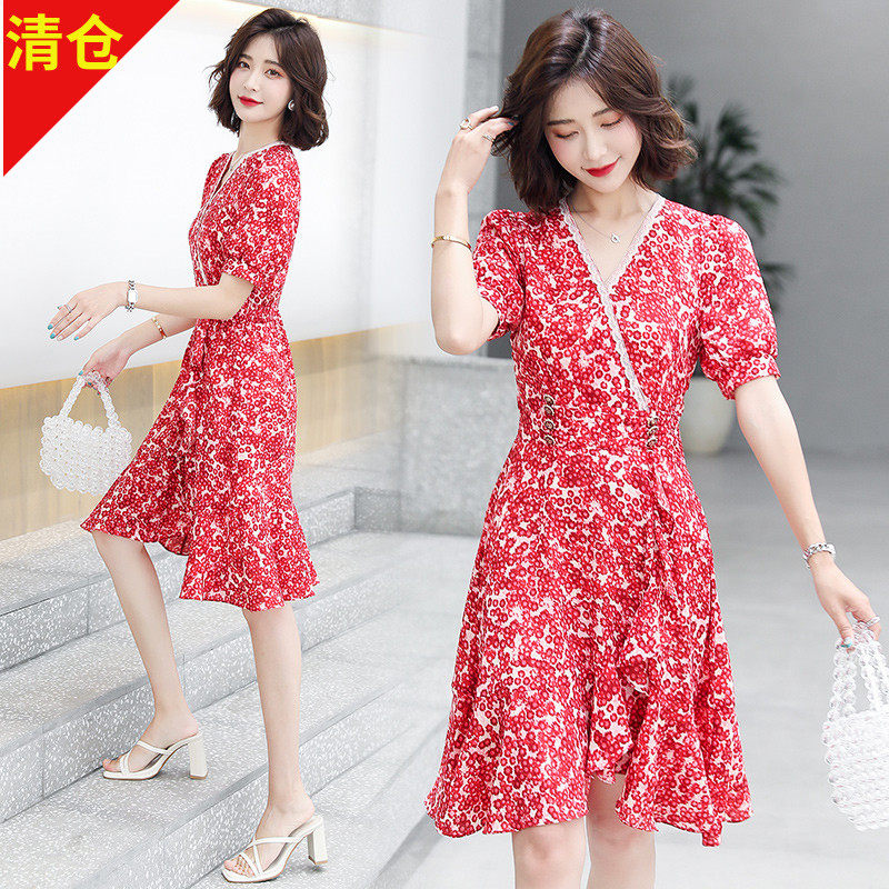 清仓 韩版夏装优雅气质v领小泡泡袖修身收腰小碎花荷叶边连衣裙