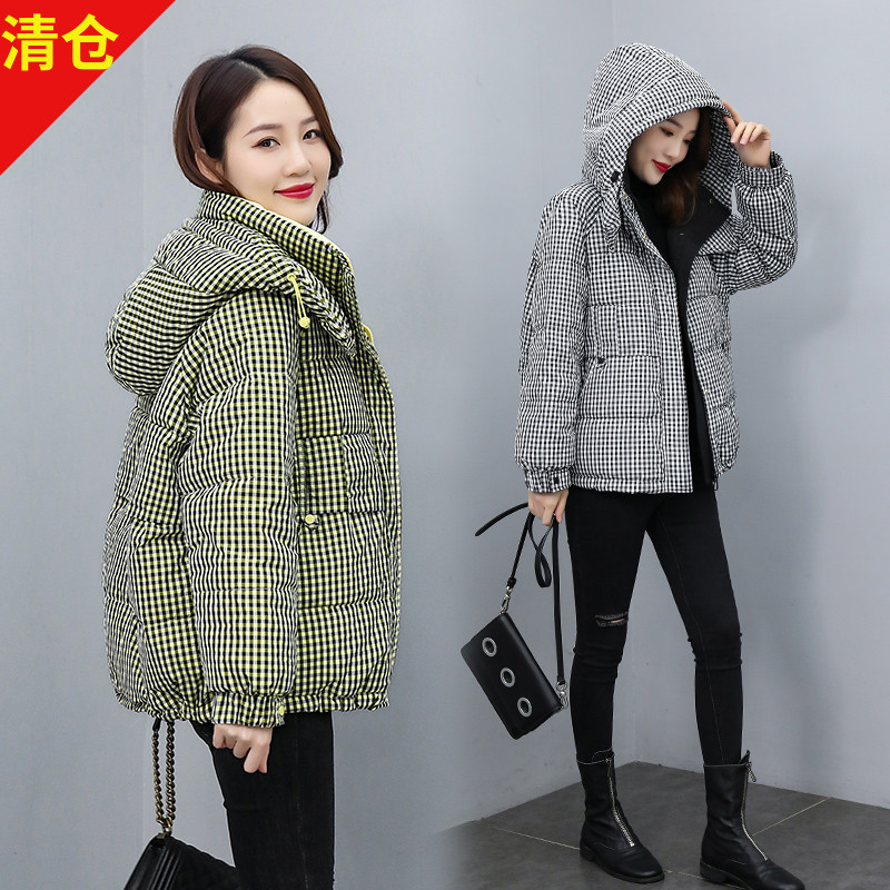 清仓 冬装休闲气质立领连帽单排扣大口袋宽松百搭格子羽绒服外套