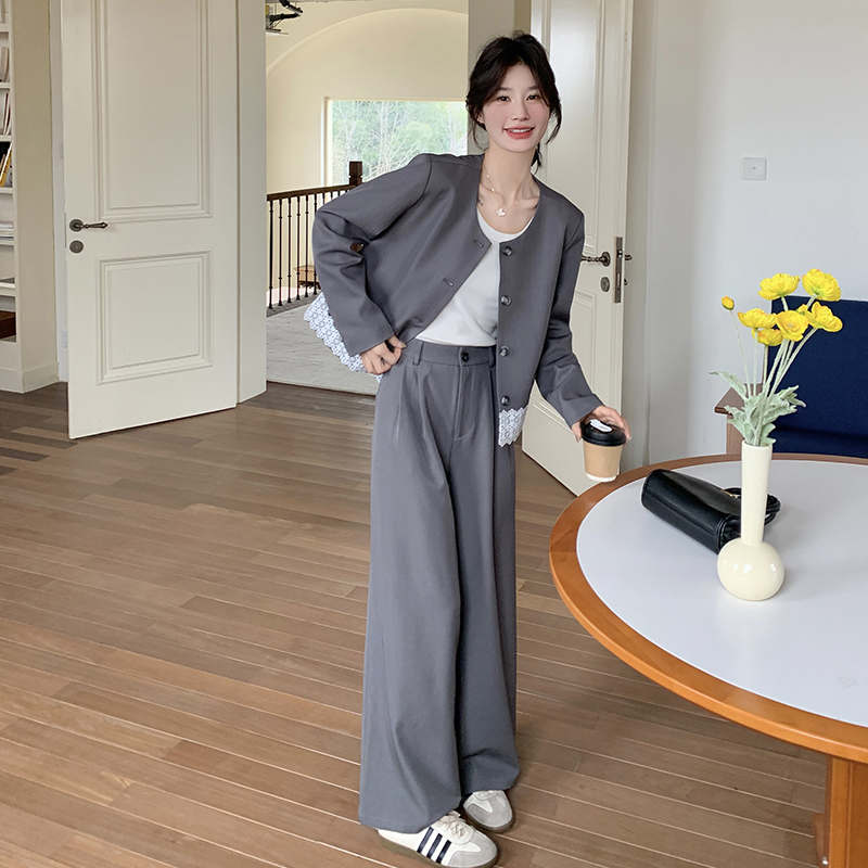 小众设计蕾丝拼接西服阔腿裤套装
