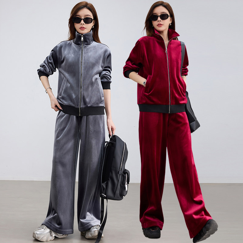 原创设计秋冬新款休闲立领宽松金丝绒加绒卫衣开衫搭配运动裤套装