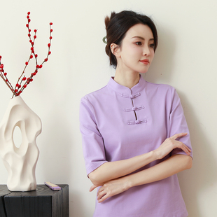 中国风T恤新款立领唐装女复古盘扣纯棉上衣五分袖打底衫禅衣茶服