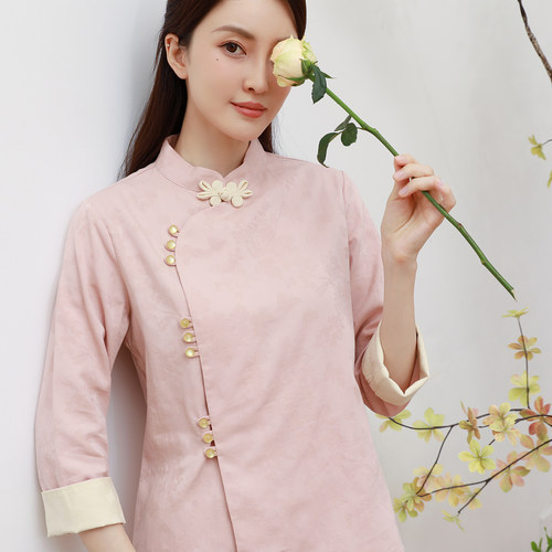 棉麻衬衫女装长袖春装民族风复古盘扣新中式汉服茶服小开衫上衣