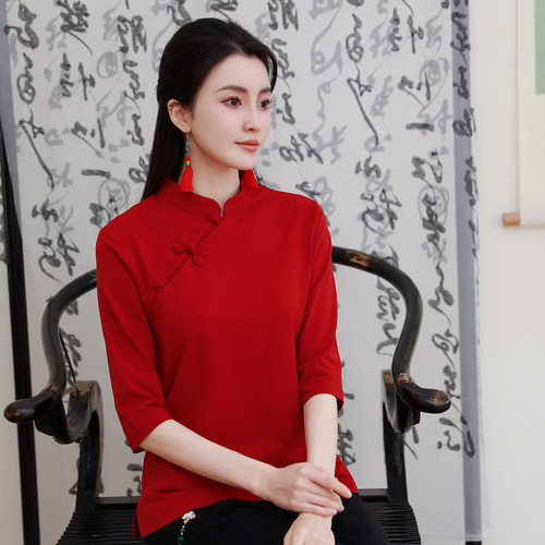纯棉T恤春季中国风七分袖打底衫立领盘扣女茶服汉服上衣禅衣唐装