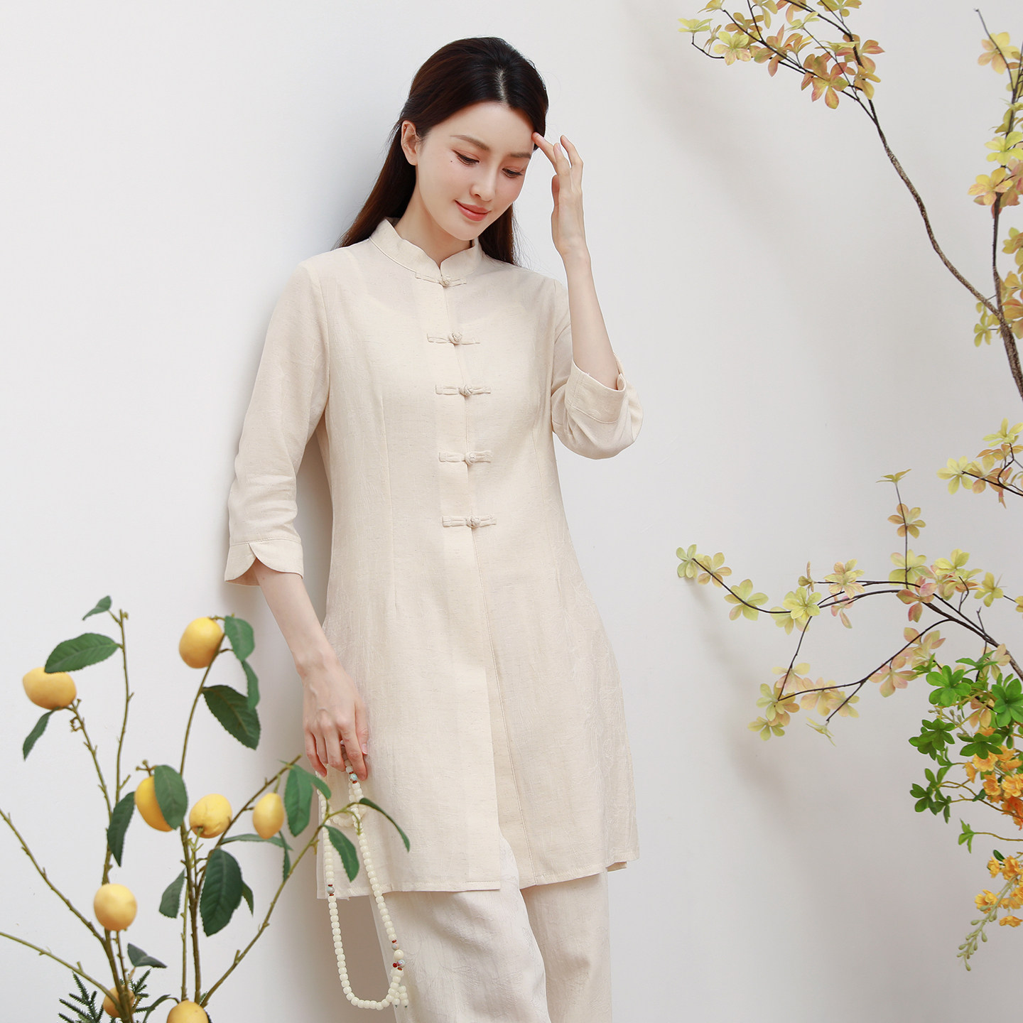 中长款棉麻衬衫秋季民族风盘扣立领改良唐装旗袍汉服茶服亚麻上衣