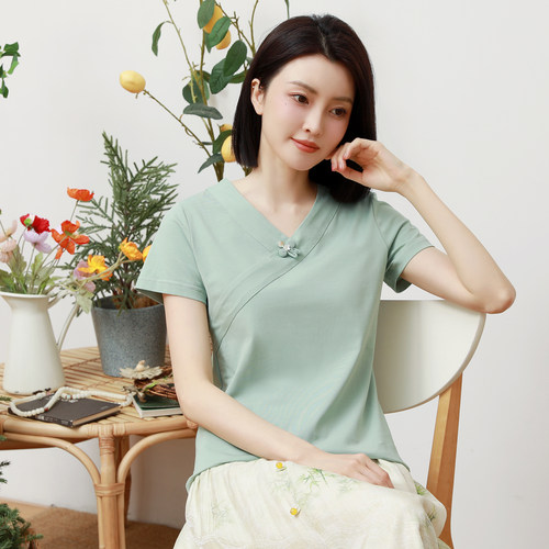 新中式T恤女装夏季盘扣复古V领打底衫内搭短袖禅衣茶服纯棉上衣