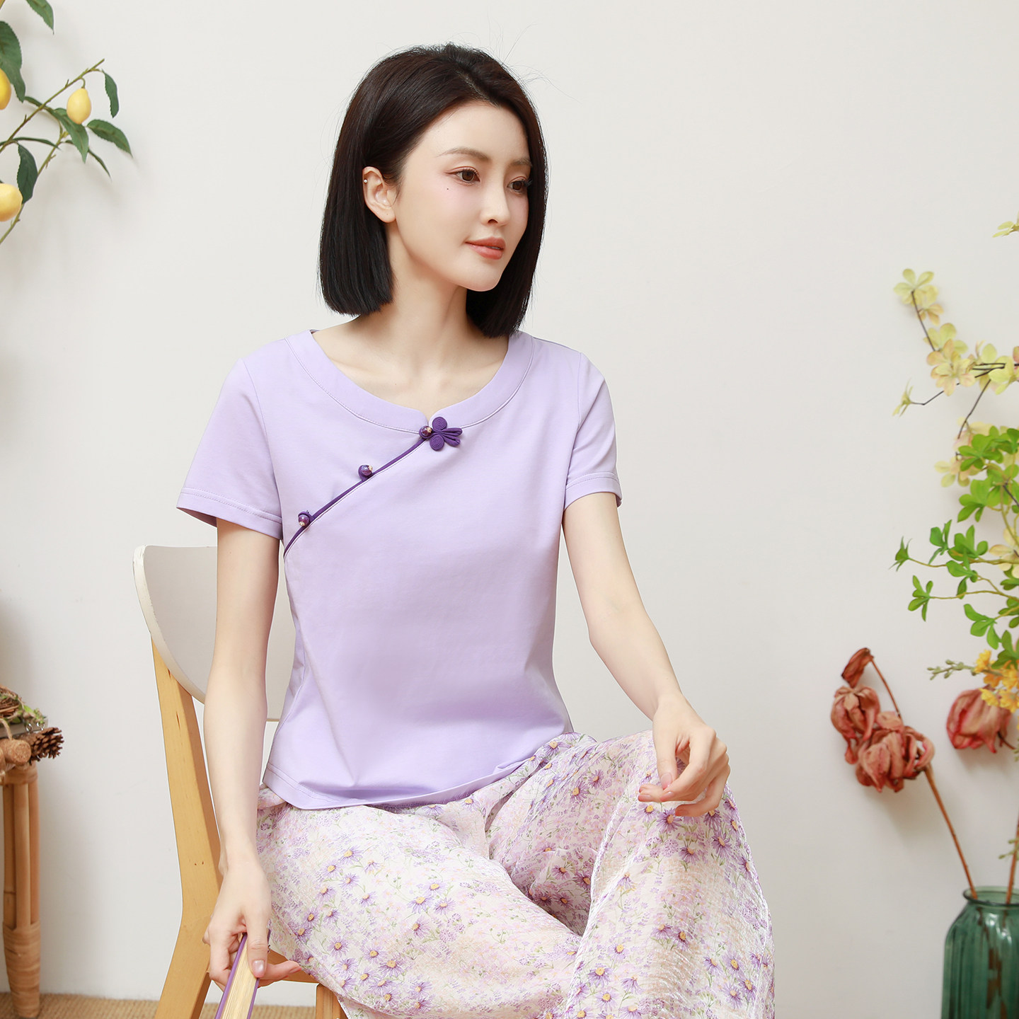 冰瓷棉T恤女装夏季圆领盘扣短袖打底衫新中式女茶服纯棉短款上衣