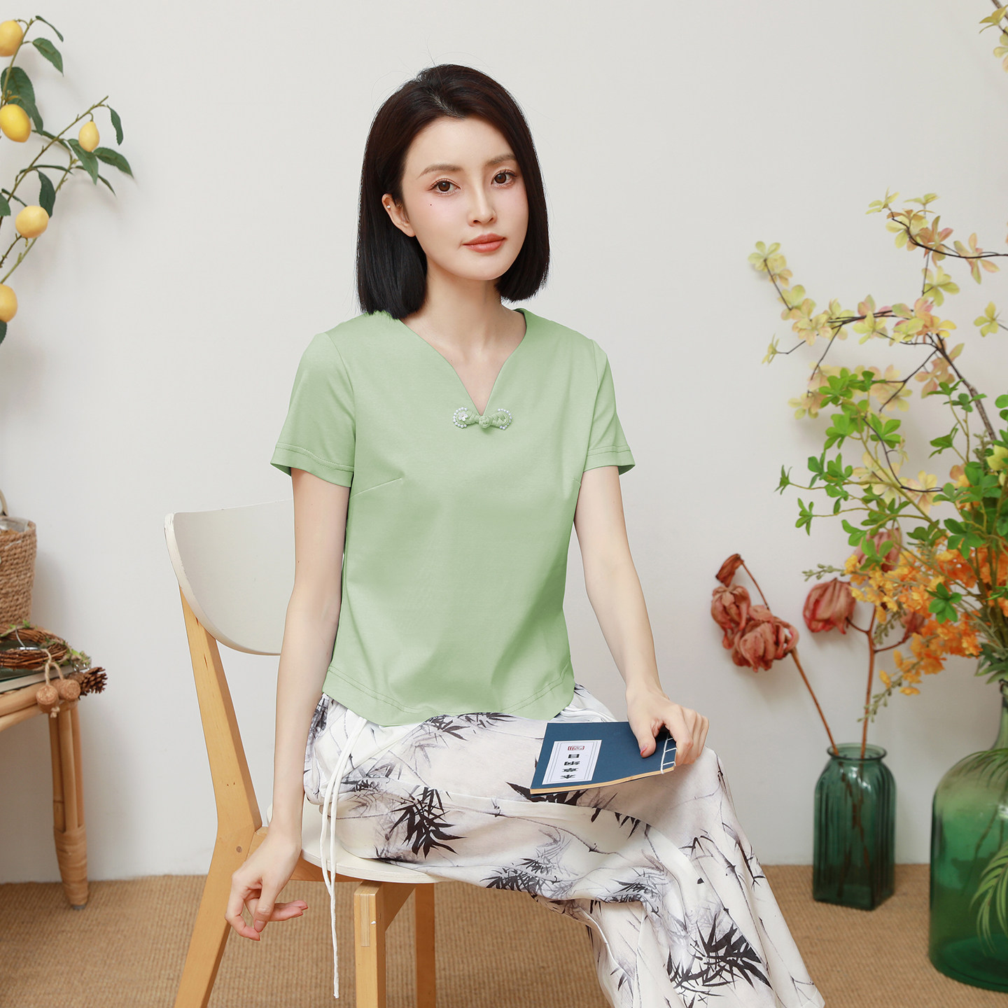 短袖T恤夏季V领盘扣桑蚕丝复古打底衫纯色体恤茶服修身凉感上衣女