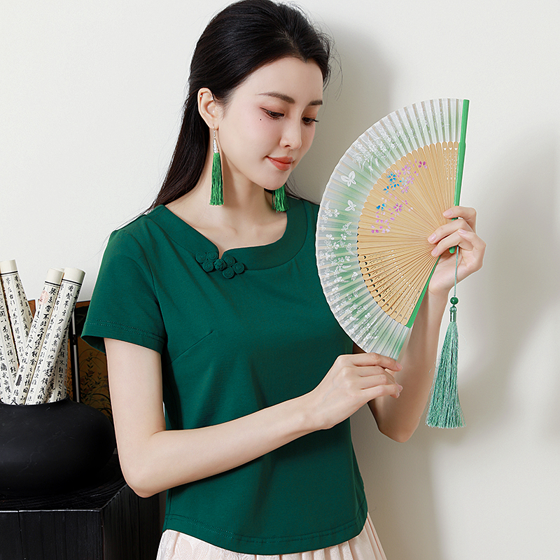 纯棉T恤新中式国风女2025夏新款复古盘扣短袖上衣打底衫茶服