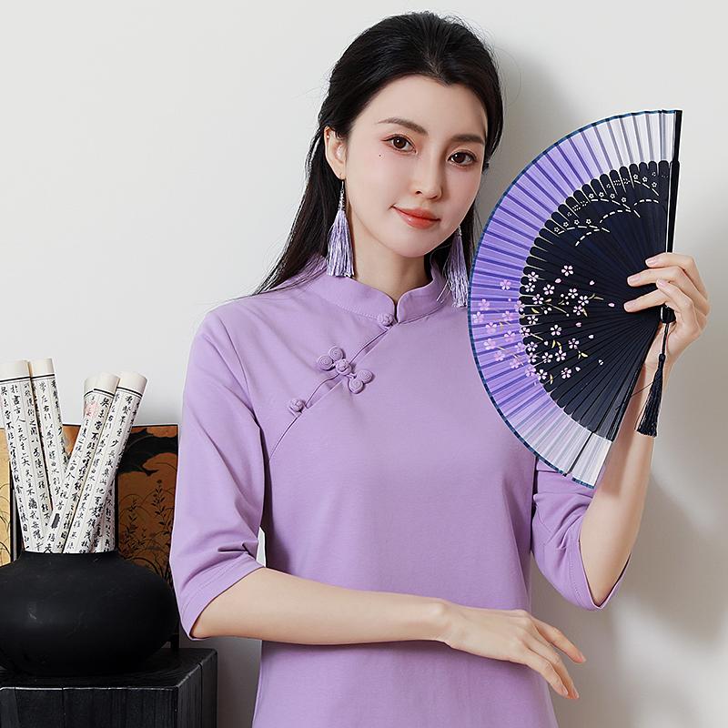 纯棉T恤立领盘扣女春季中国风七分袖打底衫茶服汉服上衣禅衣唐装