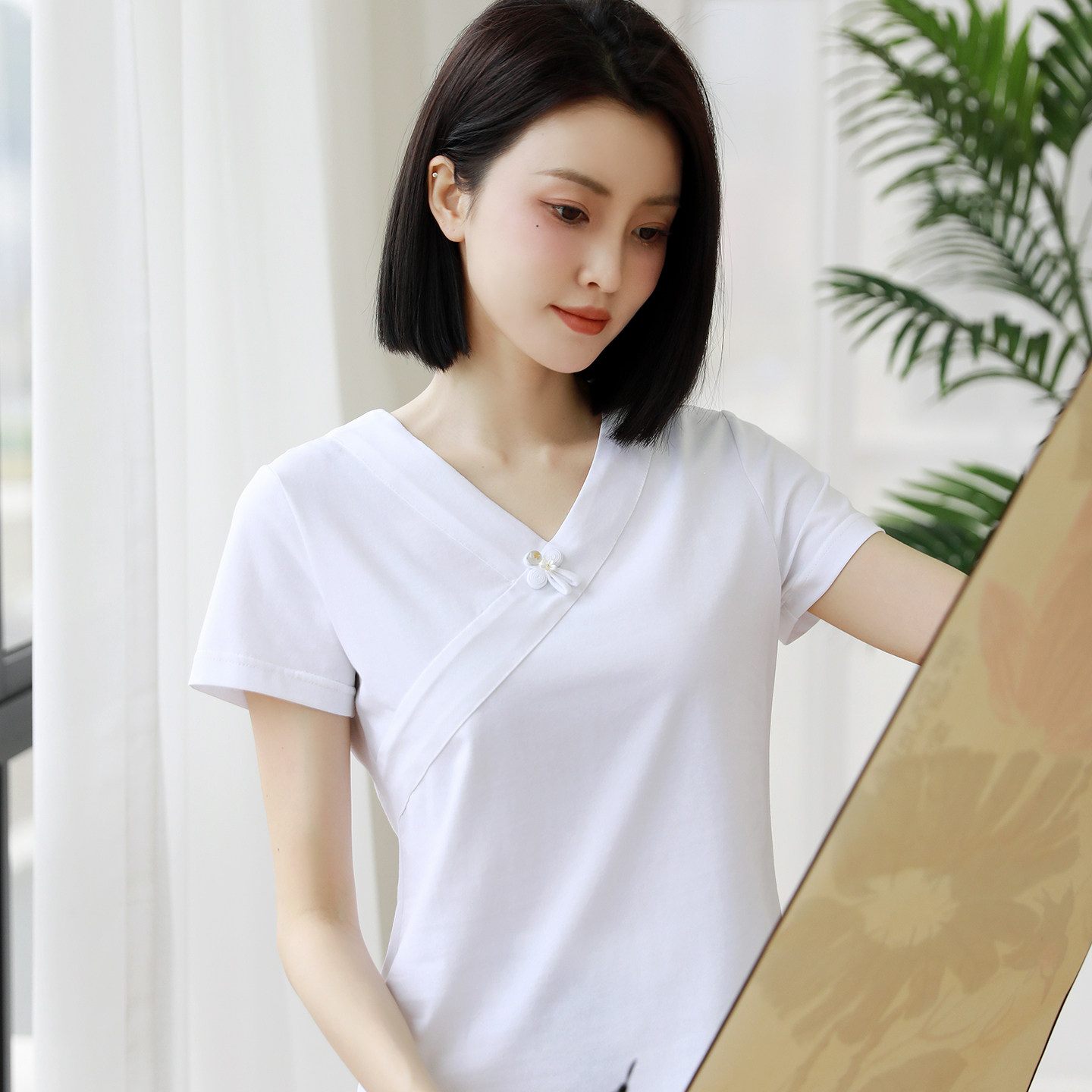 纯棉T恤新中式女装夏季盘扣复古V领打底衫内搭短袖上衣禅衣茶服