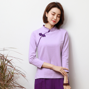打底衫 复古茶服女汉服上衣 民族风七分袖 纯棉t恤立领盘扣女士秋季