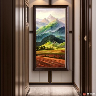 手绘大山梯田油画玄关过道绿色青山装饰画轻奢入户风水加长版壁画