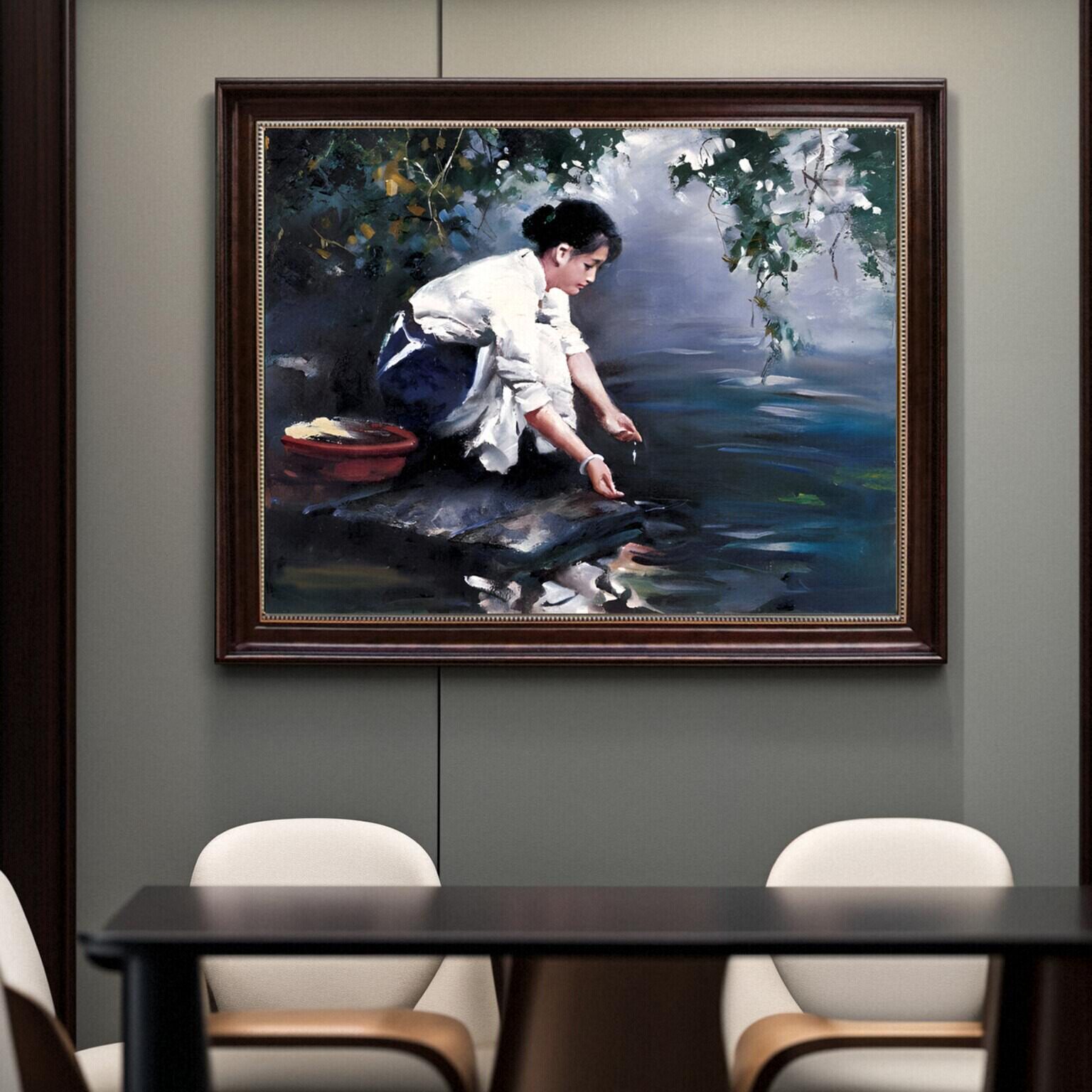 手绘潘鸿海清晨女人在河边洗衣服油画挂画中式客厅横版装饰画