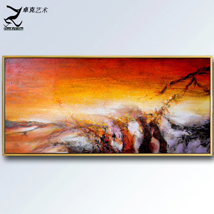 手绘暖色调红色调抽象装饰画 后现代简约客厅大幅横版赵无极油画