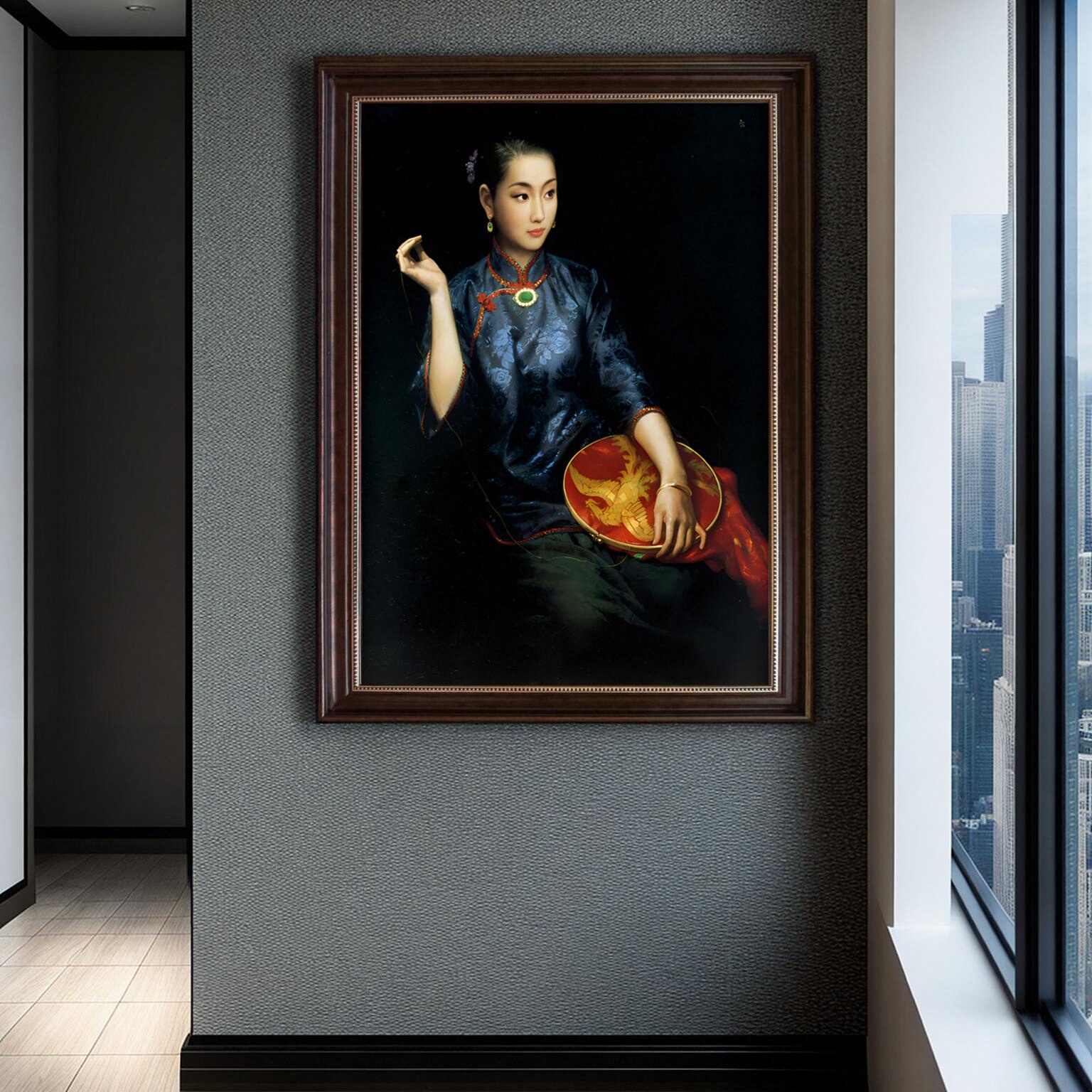 纯手绘陈逸飞古典装饰画刺绣简约玄关书房摆件美女旗袍油画大芬村图片