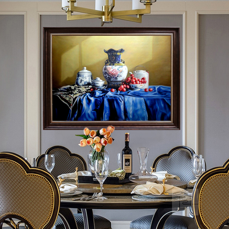 手绘古董青花瓷装饰画现代简约餐厅背景墙大幅横版油画厦门画廊图片