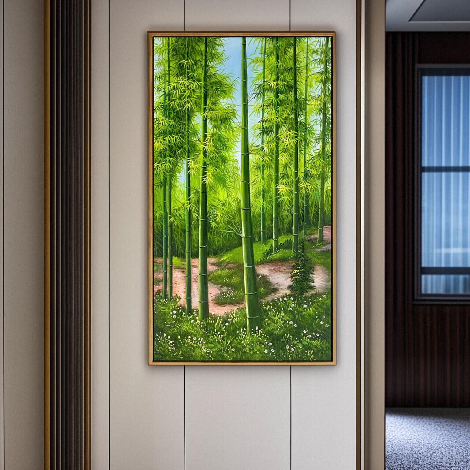 纯手绘竹林装饰画竹报平安竹子图油画绿色护眼房间大自然风景壁画