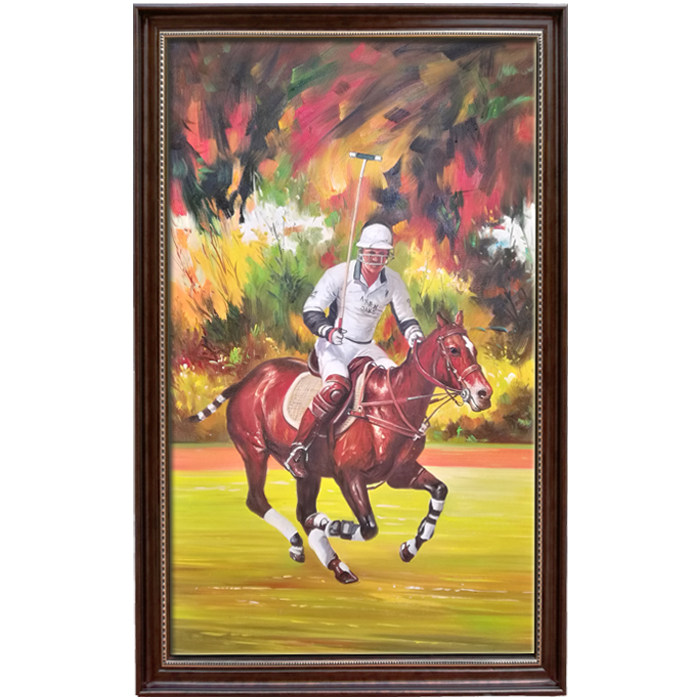 手绘马术上打球装饰画现代简约休闲场所入户玄关竖版草地油画卓克