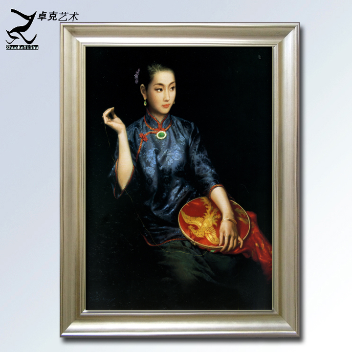 手绘中式玄关装饰画 现代简约客厅书房陈逸飞古典美女刺绣油画图片