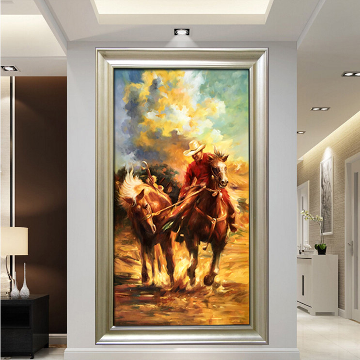 手绘入户玄关装饰画欧式客厅背景墙挂画竖版有框西部牛仔油画卓克