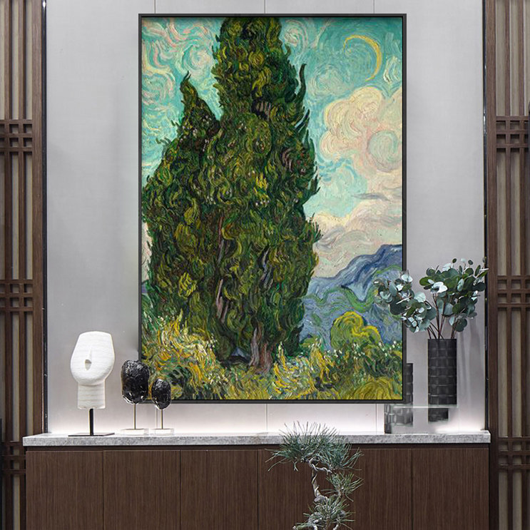 手绘梵高两株柏树装饰画轻奢书房挂画欧式餐客厅玄关名画油画卓克