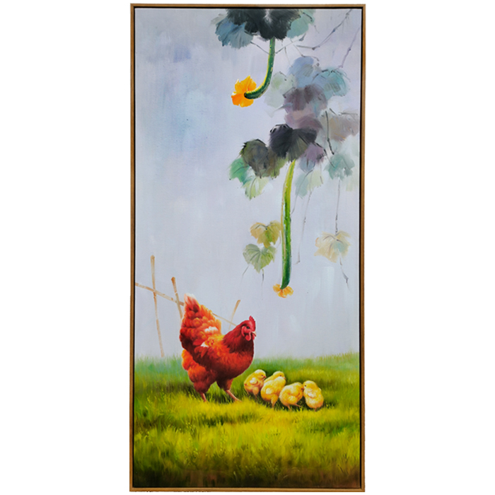 手绘母鸡带小鸡装饰画中式简约过道背景墙油画玄关公鸡挂画摆件图片